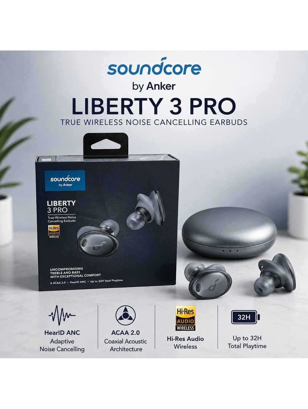 Soundcore Liberty 3 Pro True Wireless ANC Earbuds Gray